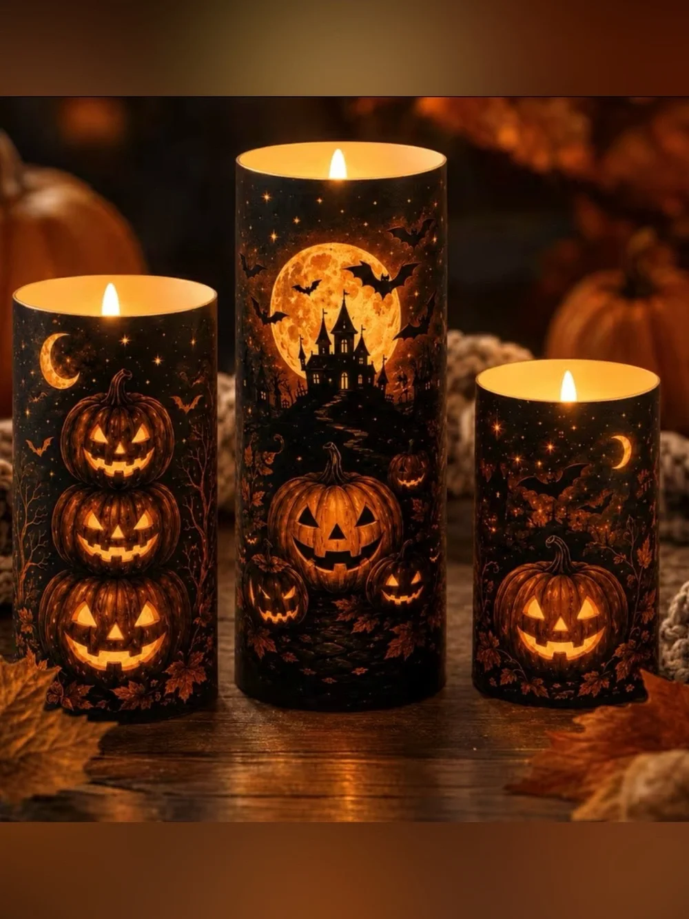New Halloween LED Pillar Candle Set - Orange Pumpkin Design